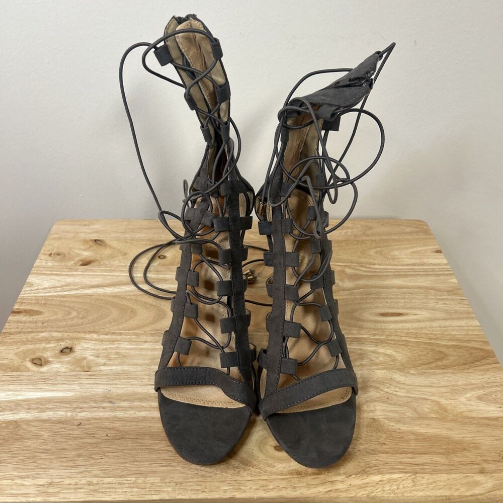 Liliana Lace Up Gladiator Heels Gray Suede Cage Stiletto Sandals Sz 10 - Picture 2 of 8